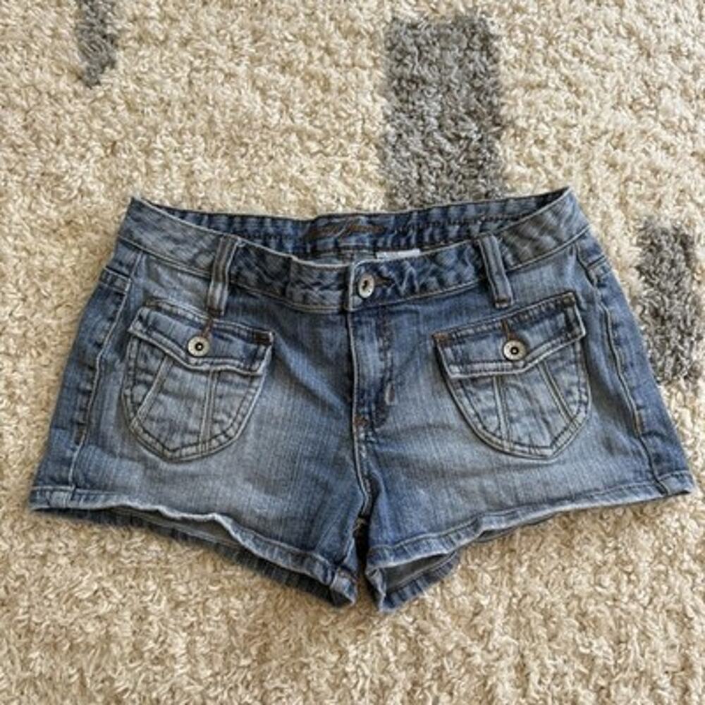 Vtg Y2K MUDD Mini Denim Jean Shorts 5 Blue Low Rise Beach Festival Flap Pocket